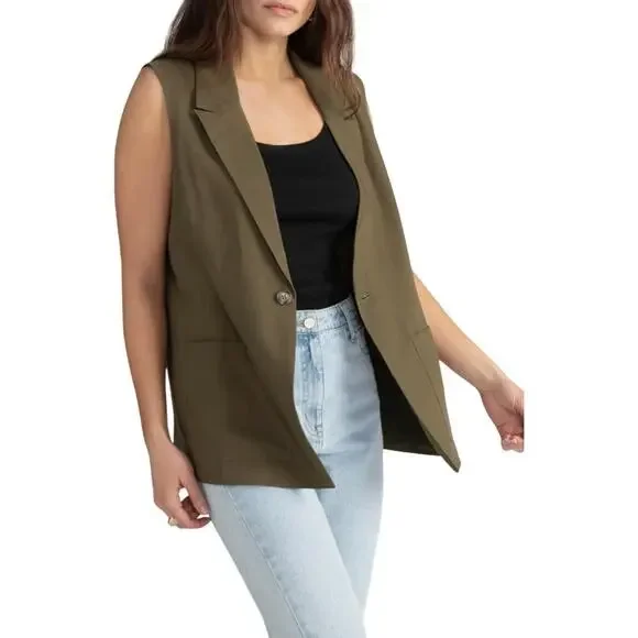 Sanctuary X-SMALL/2 Olive One-Button Notched Lapel Two Front Pocket Vest - Picture 4 of 12